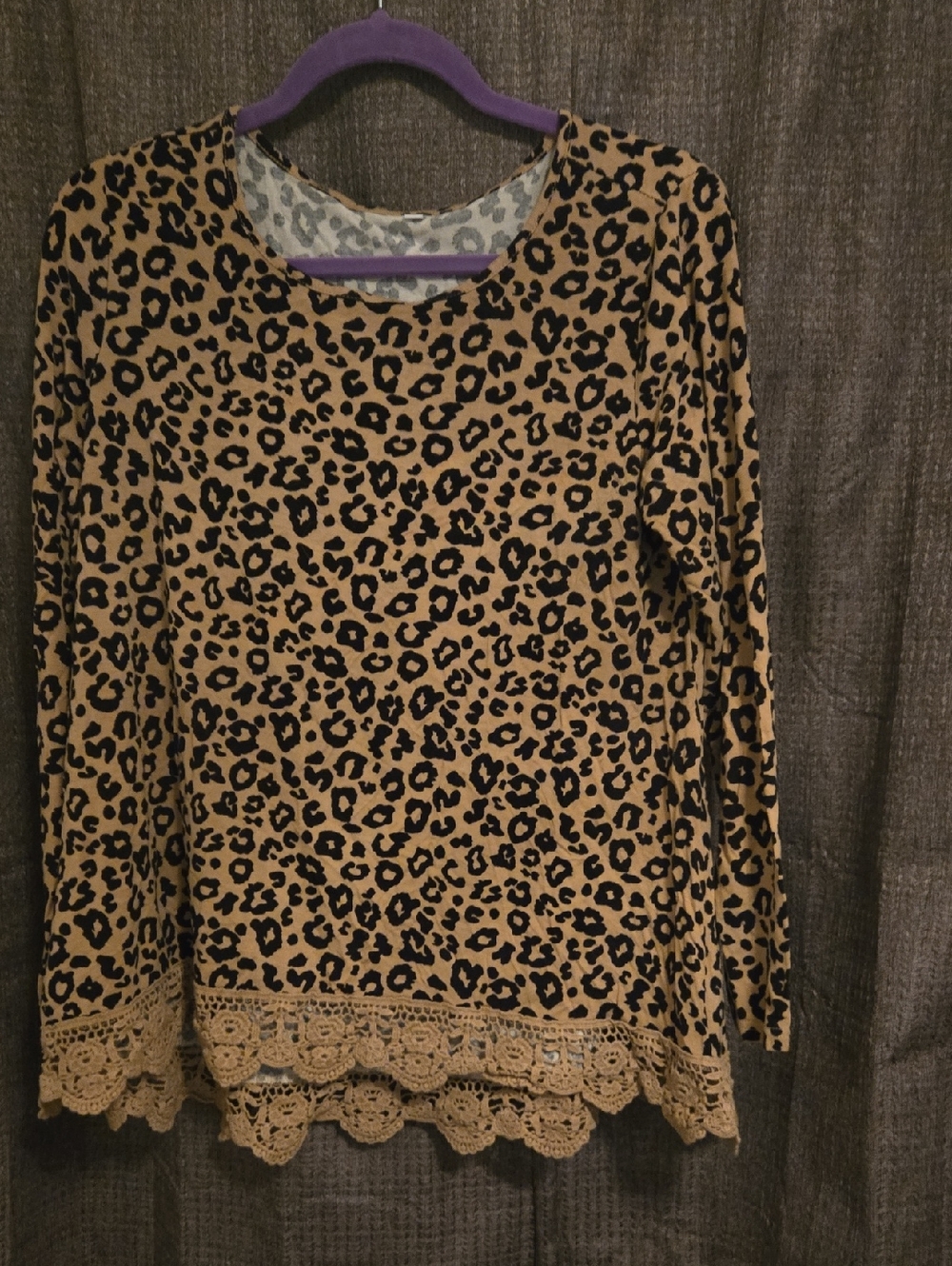 Leopard Print Long Sleeve Top with Crochet Hem